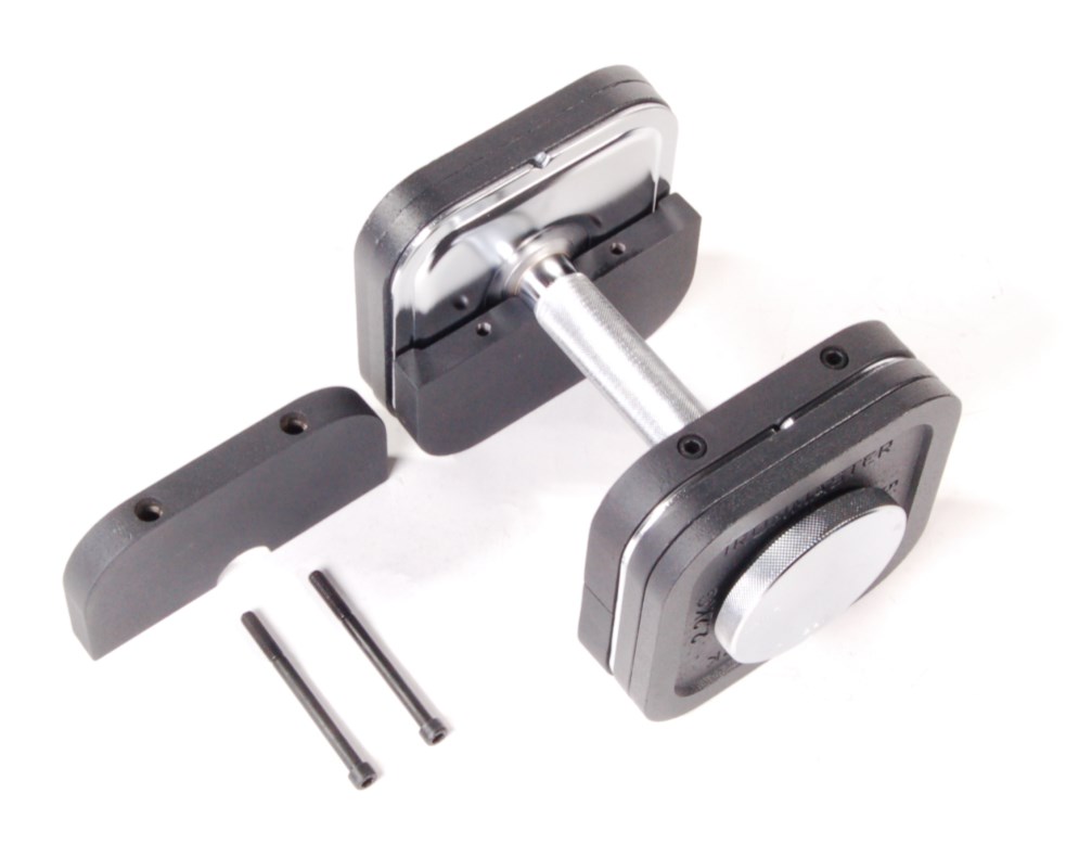 Ironmaster Heavy Handle manual image showing the plates fitted to a Quick-Lock handle; not the full 180-pound arrangement.