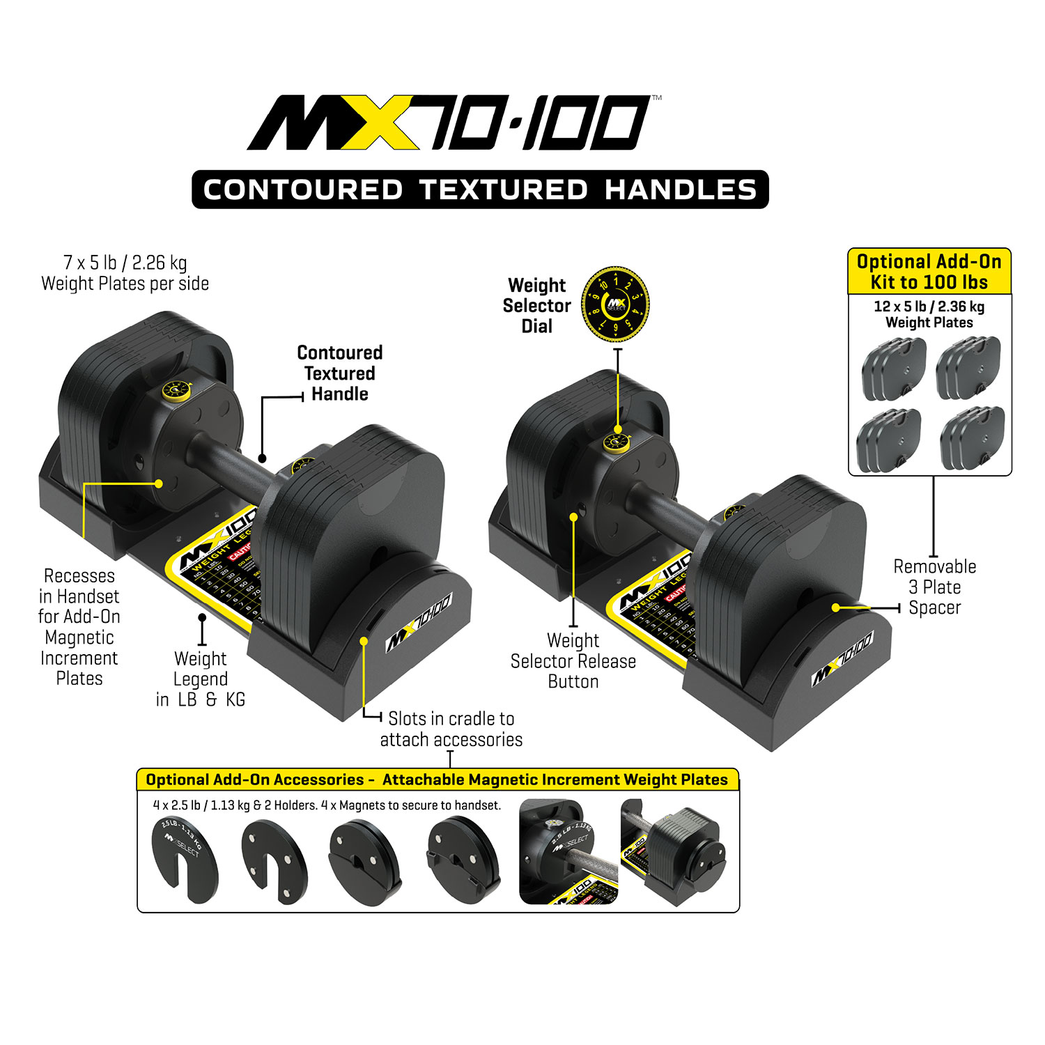 MX70-100 EVO rubber-handle dumbbells with cradles; optional 70-to-100 lb conversion kit shown separately