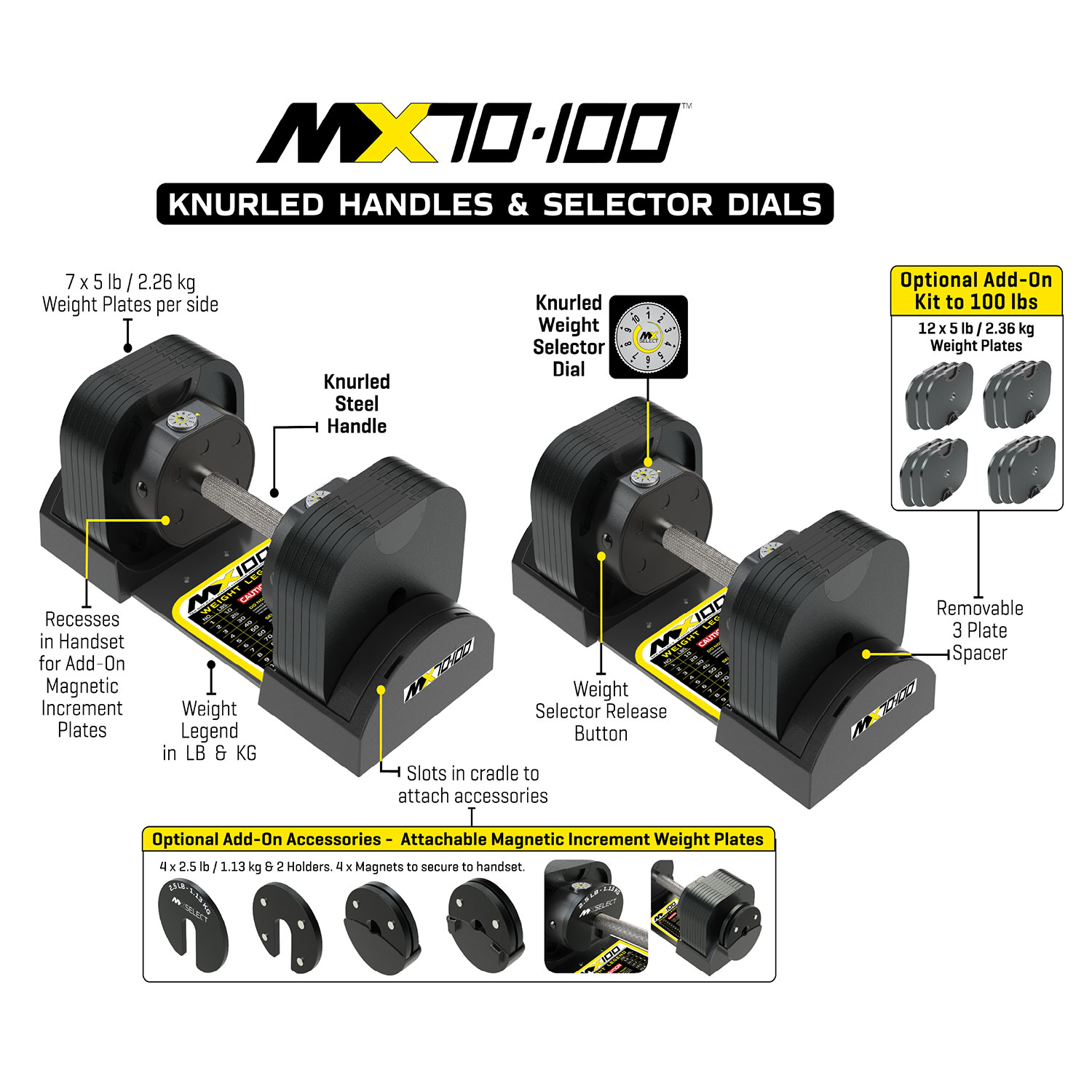 MX70-100 EVO knurled steel-handle dumbbells with cradles; optional 70-to-100 lb conversion kit shown separately